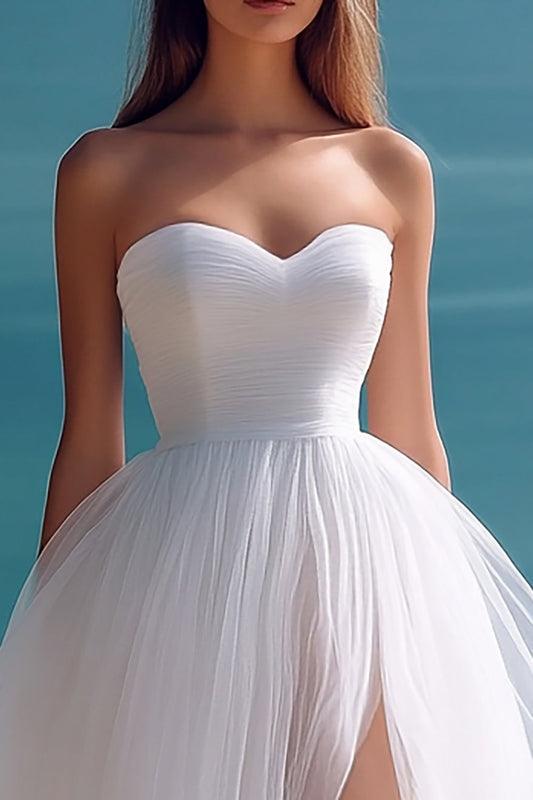 A Line White Sweetheart Long Rehearsal Dinner Dress with Slit