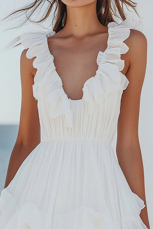 White Chiffon Mini V-Neck Graduation Dress with Ruffles