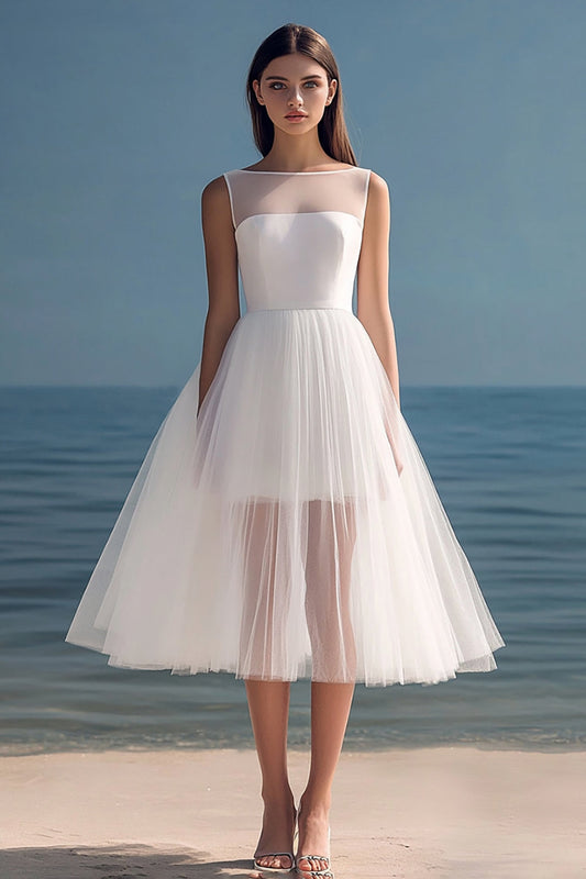 White Tulle Midi Illusion Neck Rehearsal Dinner Dress