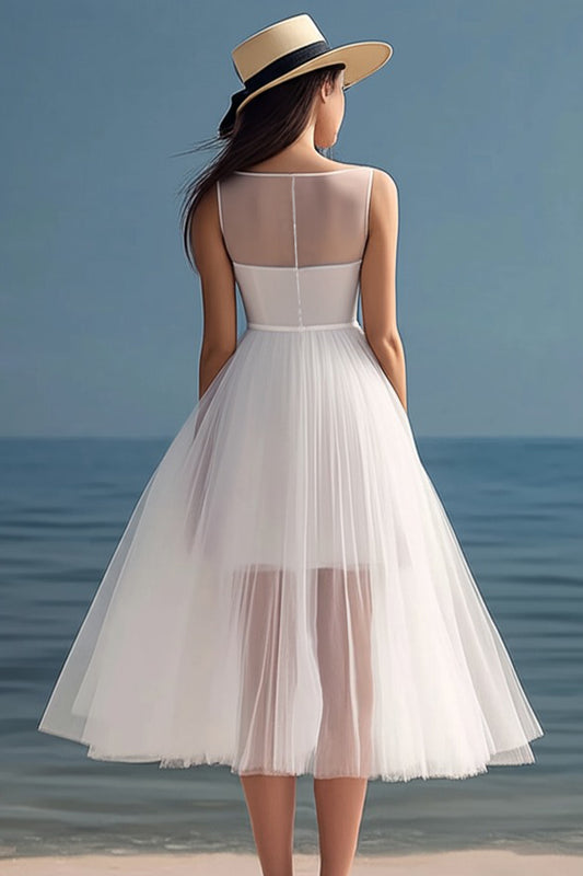 White Tulle Midi Illusion Neck Rehearsal Dinner Dress