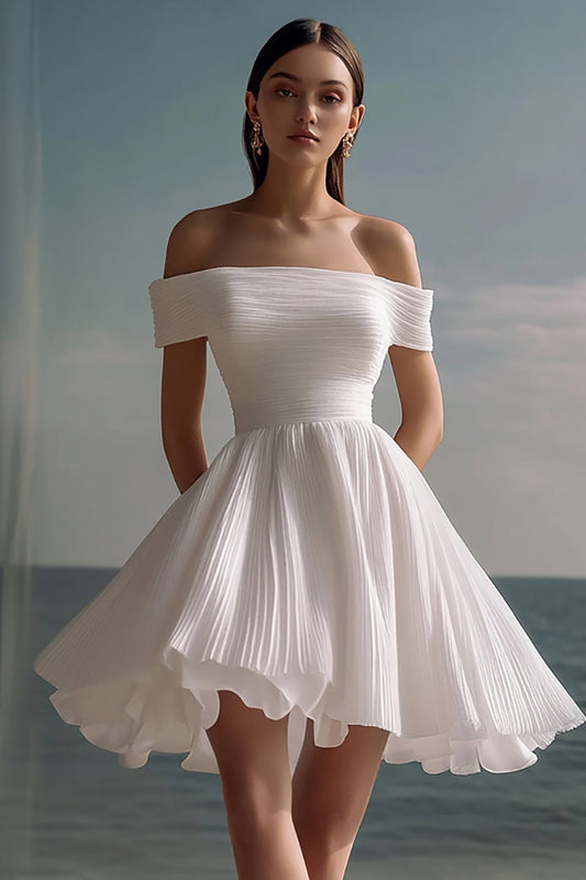 White A Line Chiffon Mini Graduation Dress Ruffled Pleated Off the Shoulder Little Ruched White Dress