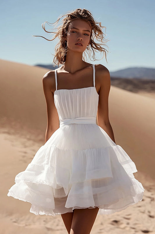 White Organza A Line Square Neck Tiered Mini Graduation Dress
