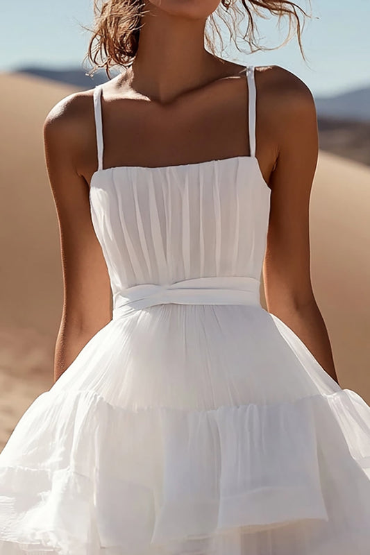White Organza A Line Square Neck Tiered Mini Graduation Dress