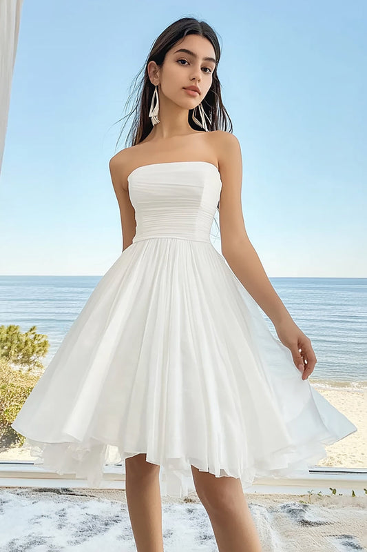 A Line White Chiffon Square Neck Midi Graduation Dress