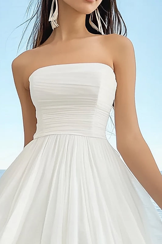 A Line White Chiffon Square Neck Midi Graduation Dress