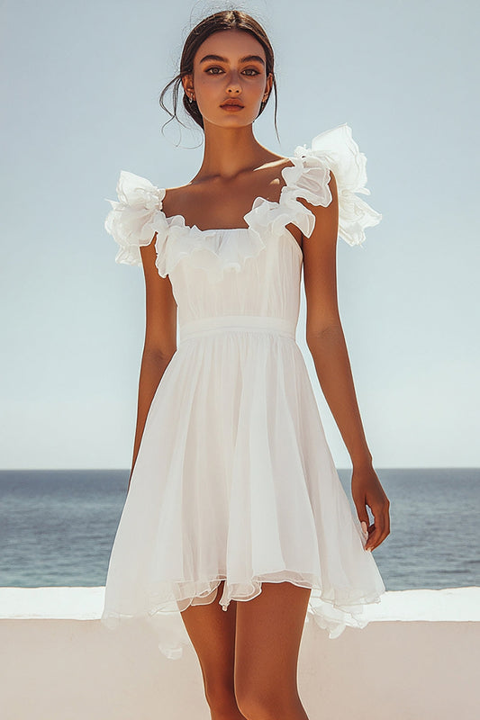 White Chiffon Mini A Line Graduation Dress with Ruffles