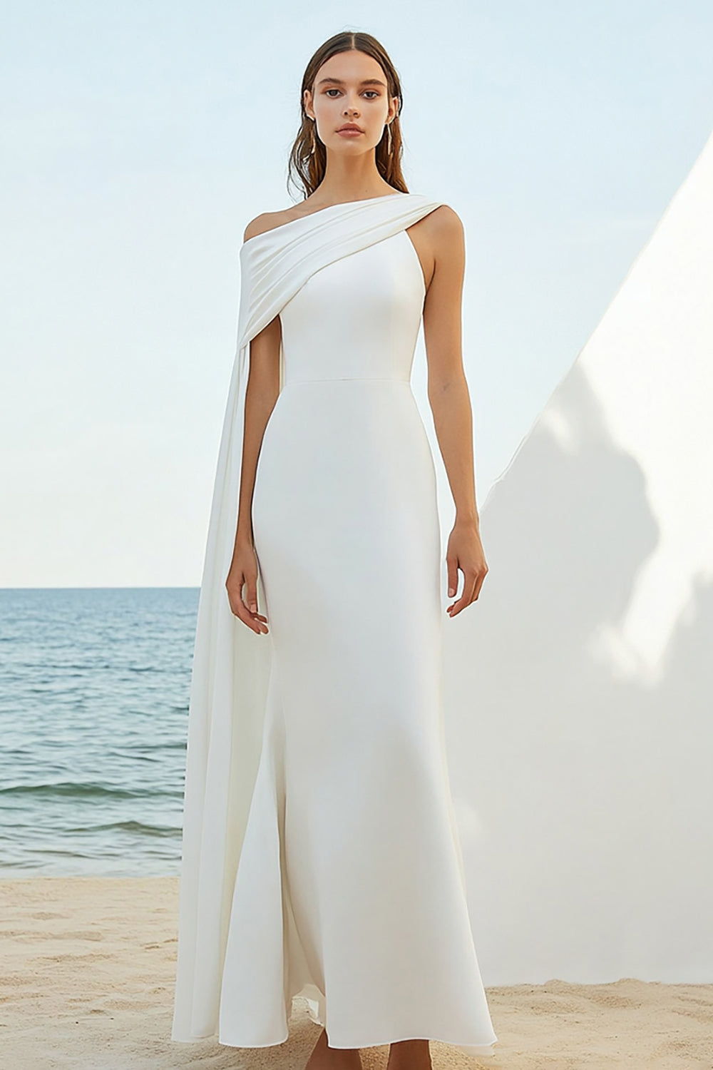 ZAPAKASA Women White Chiffon Sheath Rehearsal Dinner Dress Asymmetrical
