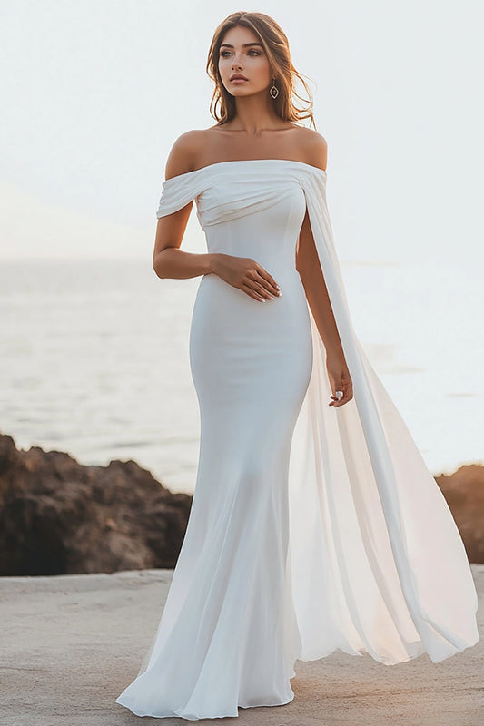 White Chiffon Sheath Off the Shoulder Rehearsal Dinner Dress