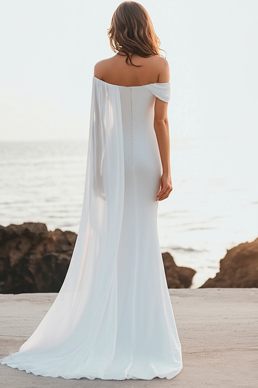 White Chiffon Sheath Off the Shoulder Rehearsal Dinner Dress
