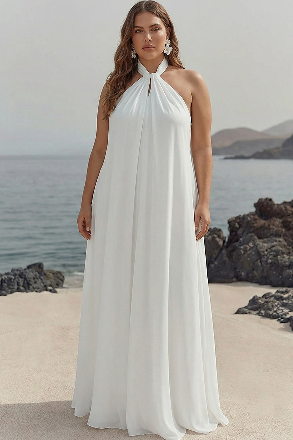 ZAPAKASA Women Plus Size White Chiffon Long Rehearsal Dinner Dress Halter A Line Pleated Engagement Dress ZAPAKASA Women Plus Size White Chiffon Long Rehearsal Dinner Dress Halter A Line Pleated Engagement Dress