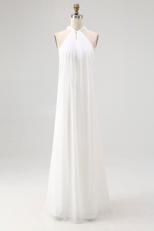 White Halter Neck A Line Long Chiffon Rehearsal Dinner Dress