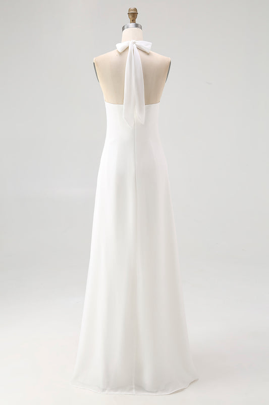 White Halter Neck A Line Long Chiffon Rehearsal Dinner Dress