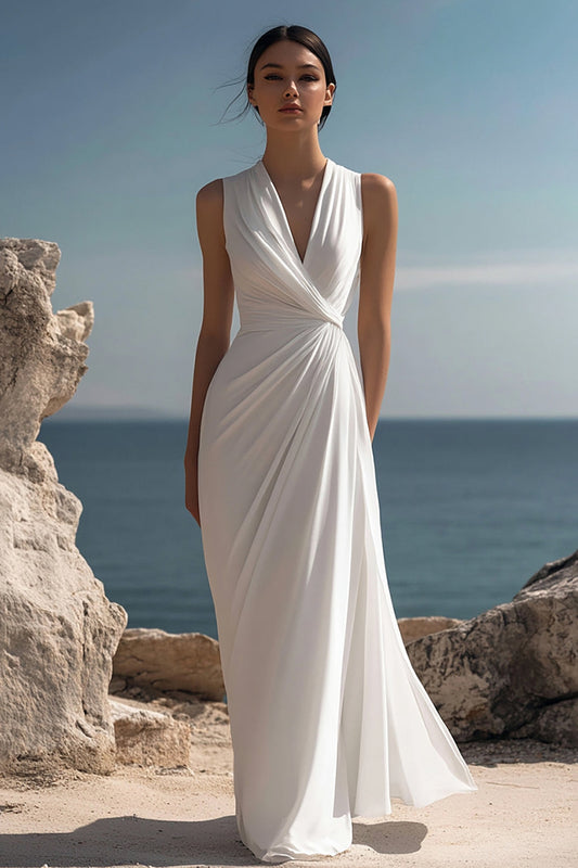 White Chiffon Sheath V-Neck Rehearsal Dinner Dress Ruched Sleeveless Long Engagement Dress