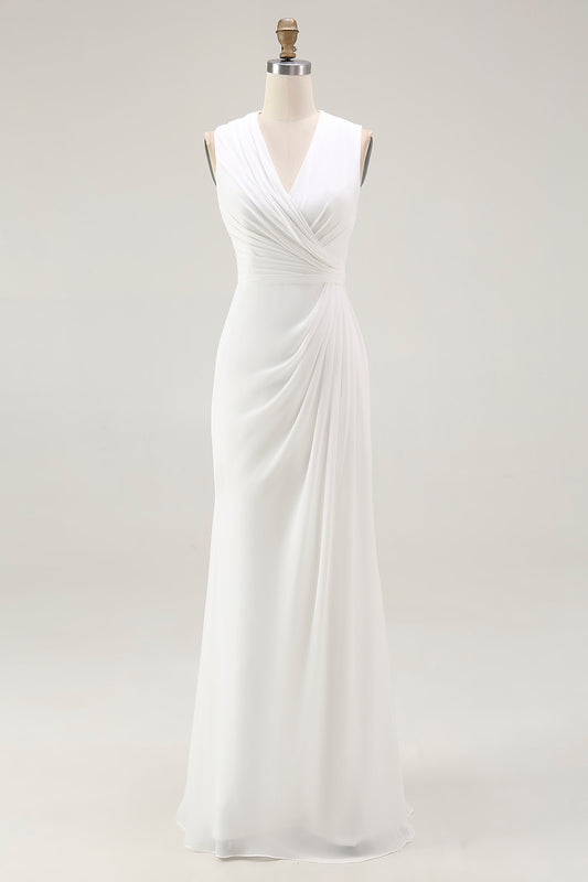 White Chiffon V-Neck Sheath Sleeveless Long Rehearsal Dinner Dress