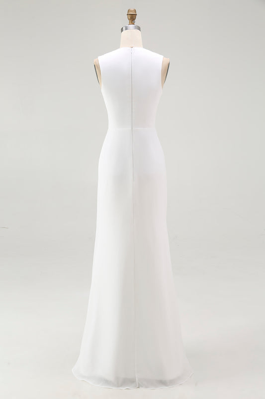 White Chiffon V-Neck Sheath Sleeveless Long Rehearsal Dinner Dress