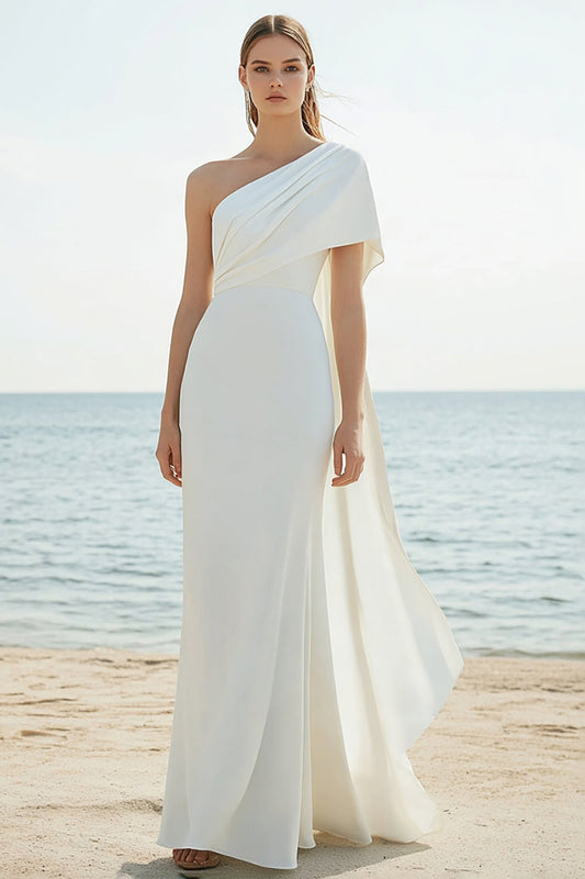 White One Shoulder Chiffon Sheath Long Rehearsal Dinner Dress