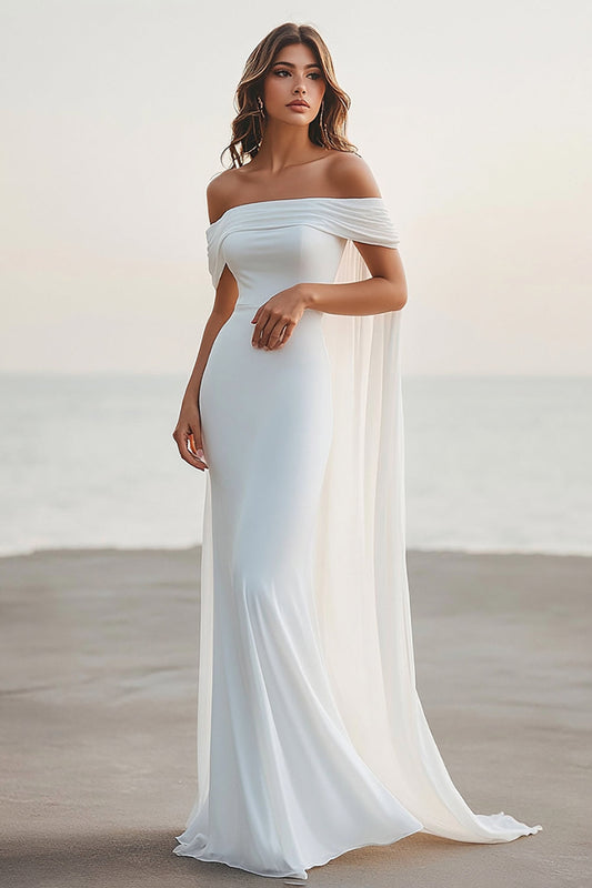 White Chiffon Off the Shoulder Sheath Rehearsal Dinner Dress