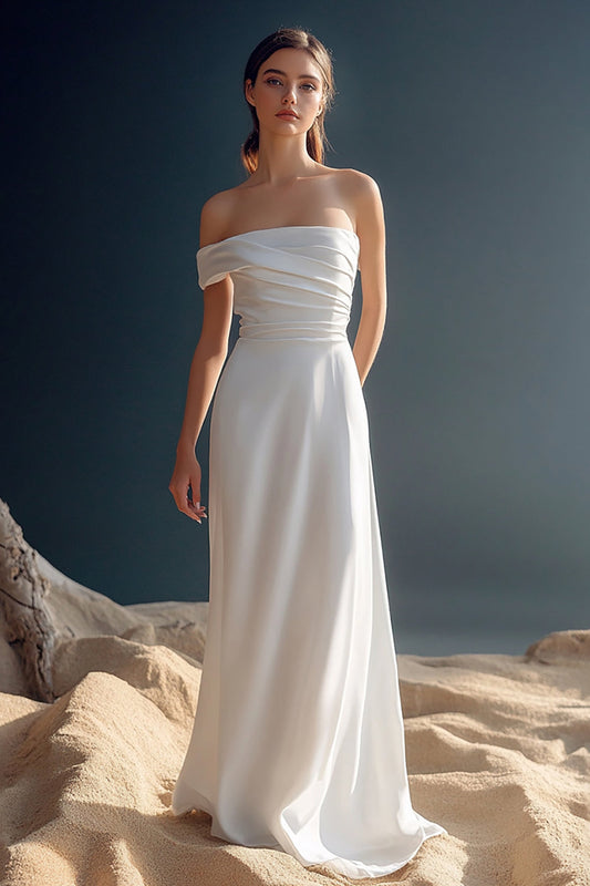 White Satin A Line Square Neck Long Rehearsal Dinner Dress