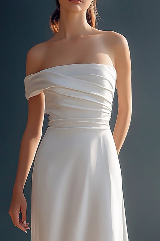 White Satin A Line Square Neck Long Rehearsal Dinner Dress