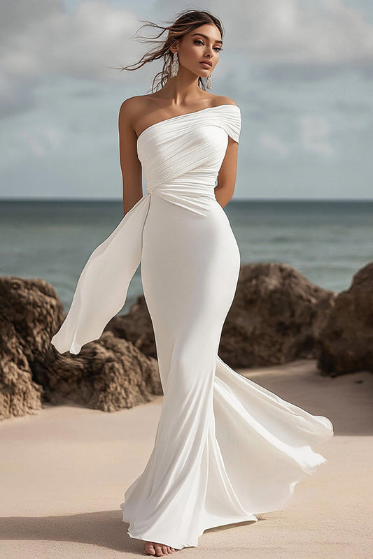 White Chiffon Mermaid Ruched Long Rehearsal Dinner Dress