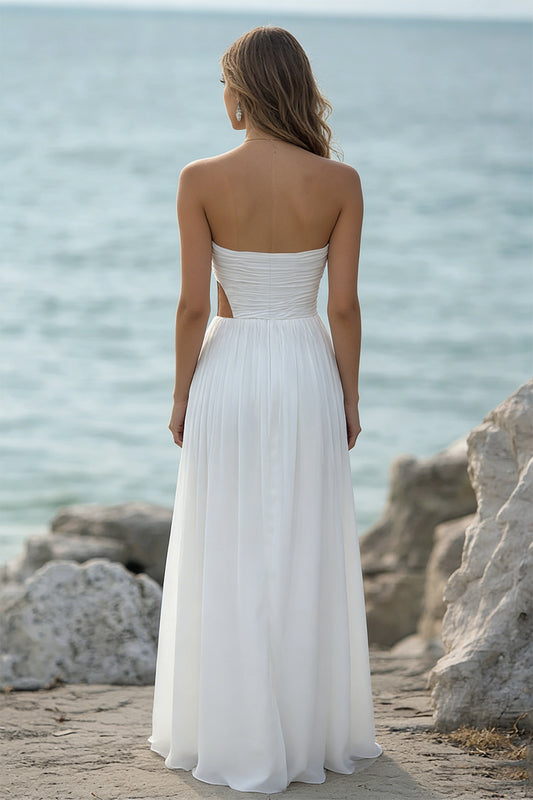 White Chiffon Strapless Pleated Long Rehearsal Dinner Dress with Slit
