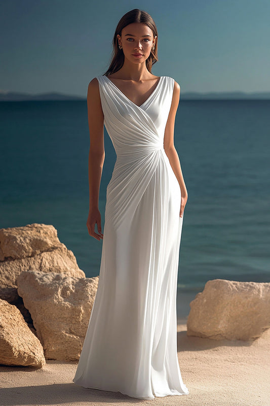 White Chiffon Sheath V-Neck Long Rehearsal Dinner Dress