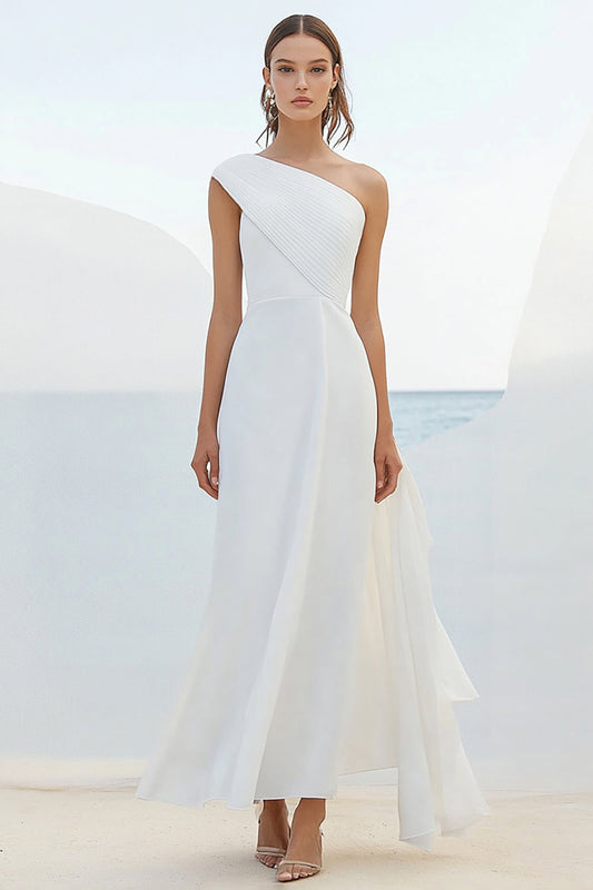 White One Shoulder Chiffon Long Rehearsal Dinner Dress