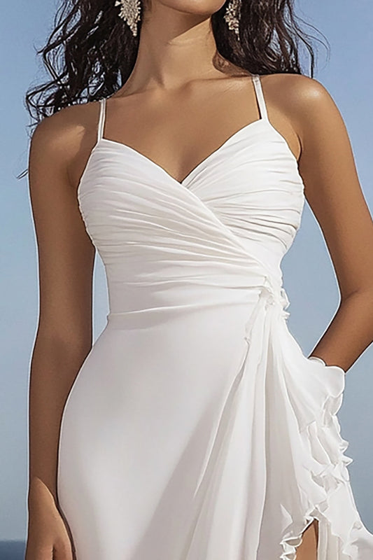 White Chiffon High-Low Spaghetti Straps Rehearsal Dinner Dress