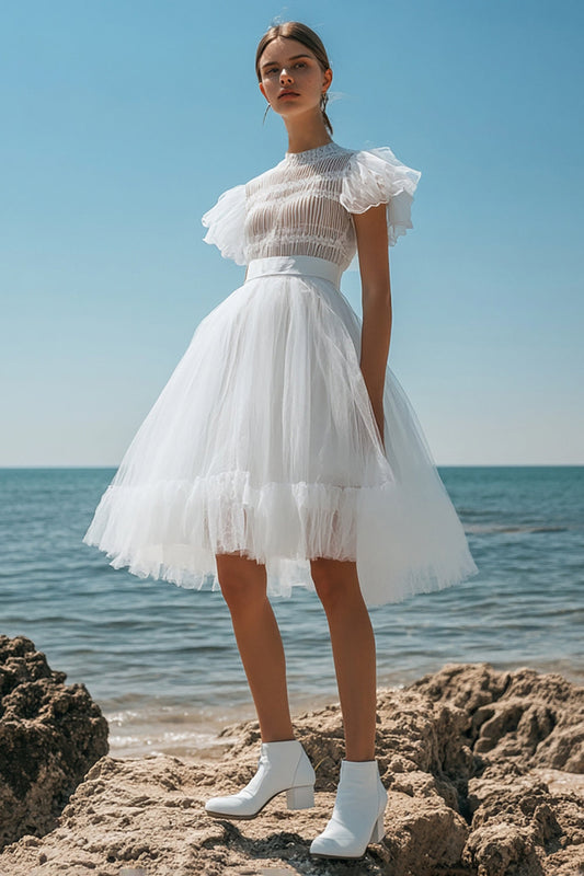 White Tulle Midi A Line Graduation Dress with Ruffles