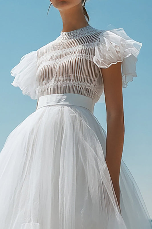White Tulle Midi A Line Graduation Dress with Ruffles