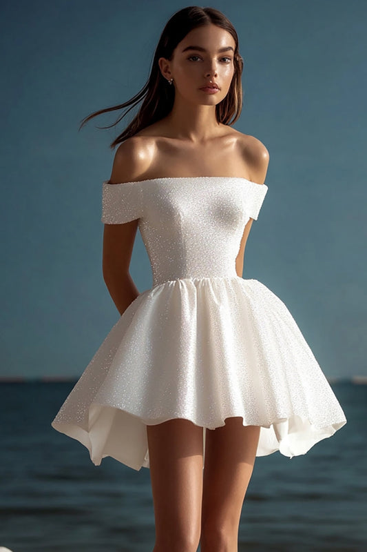 A Line White Off the Shoulder Mini Graduation Dress