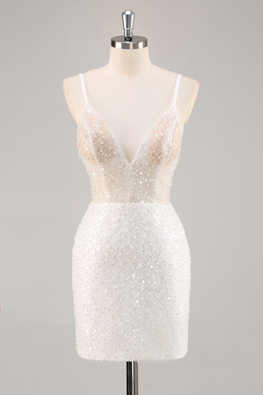 Sparkly White Sequins Mini Graduation Dress Sheath Spaghetti Straps Bodycon Homecoming Dress
