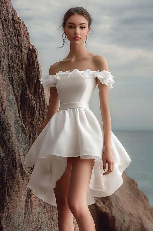 White Organza Mini A Line Graduation Dress with Ruffles