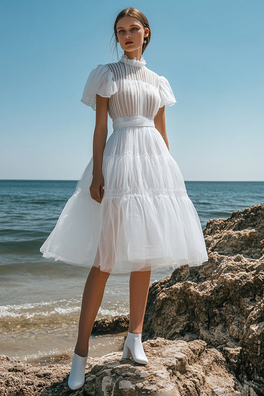 White Tulle Midi A Line Graduation Dress with Ruffles