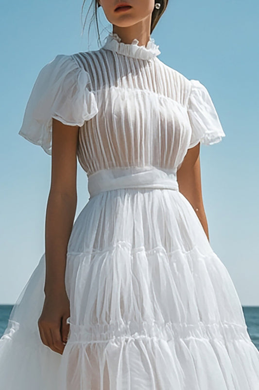 White Tulle Midi A Line Graduation Dress with Ruffles