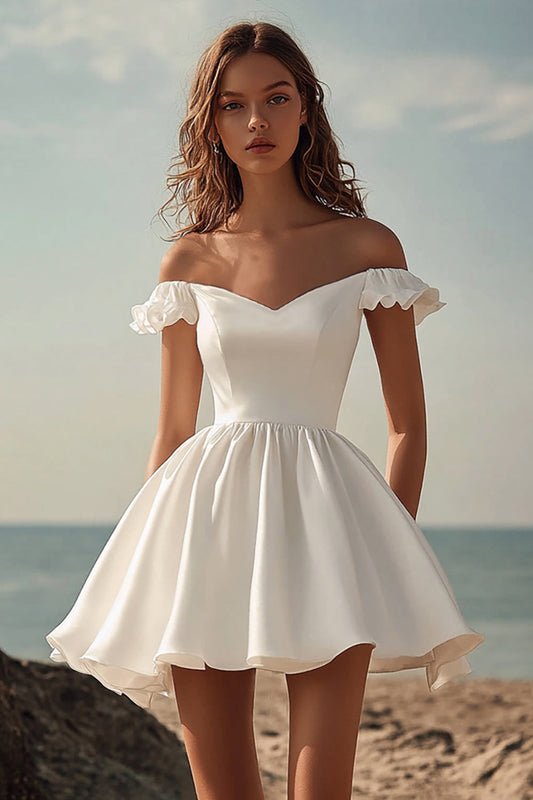 White A Line Off the Shoulder Mini Graduation Dress