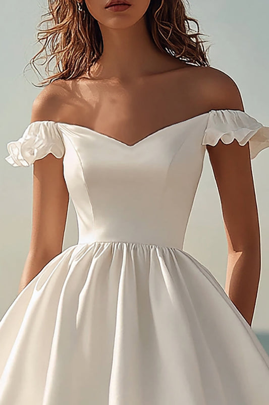 White A Line Off the Shoulder Mini Graduation Dress