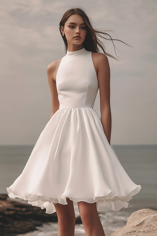 A Line White Chiffon Midi Sleeveless Graduation Dress