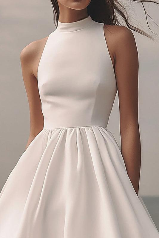 A Line White Chiffon Midi Sleeveless Graduation Dress