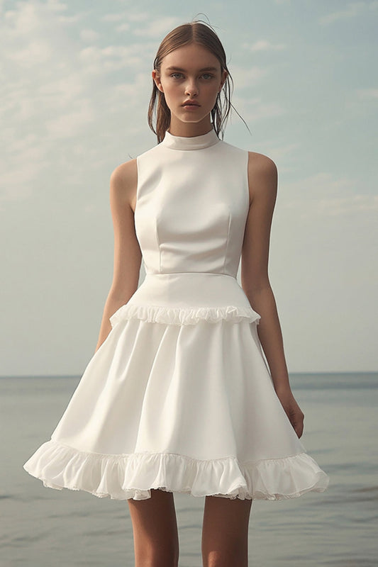White Satin A Line Short Graduation Dress with Ruffles
