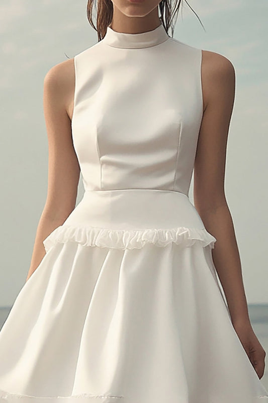 White Satin A Line Short Graduation Dress with Ruffles