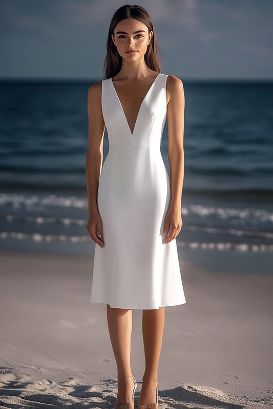 Satin Sheath Knee-Length Graduation Dress V-Neck Sleeveless Little White Dress