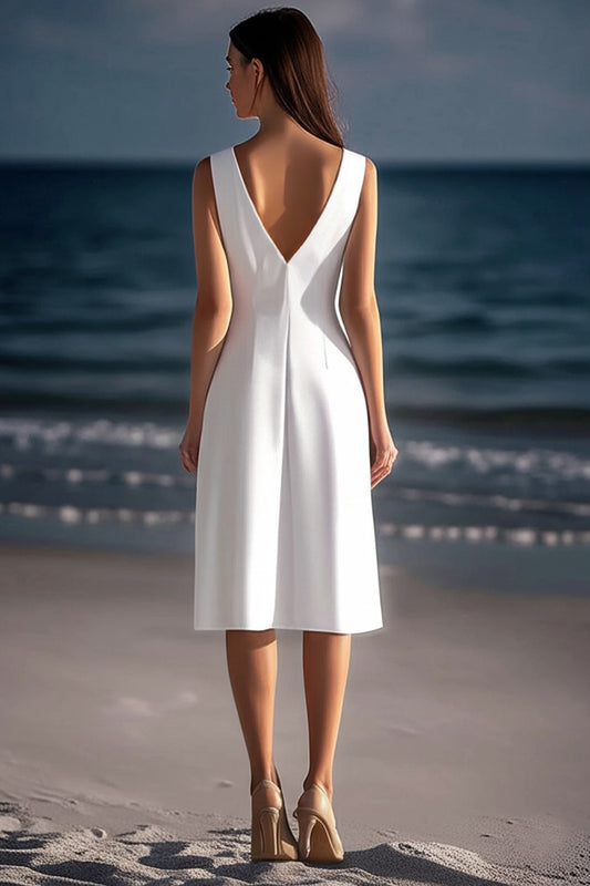 White Satin Sheath V-Neck Knee-Length Graduation Dress