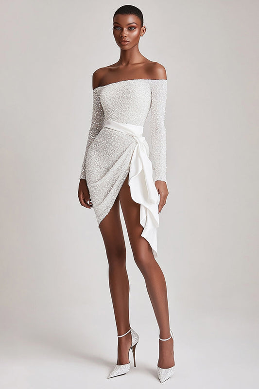 Off the Shoulder Sequins Short Little White Dress with Long Sleeves