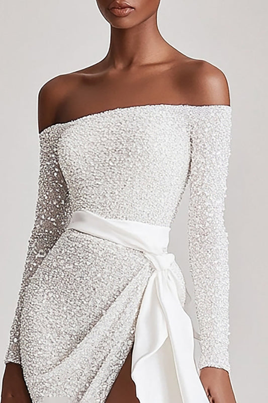 Off the Shoulder Sequins Short Little White Dress with Long Sleeves