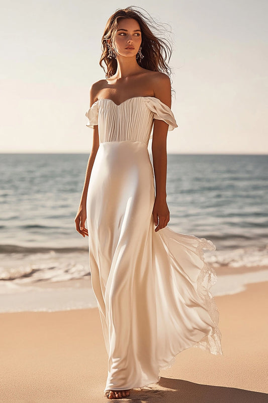 Ivory Satin A Line Off the Shoulder Long Formal Dress