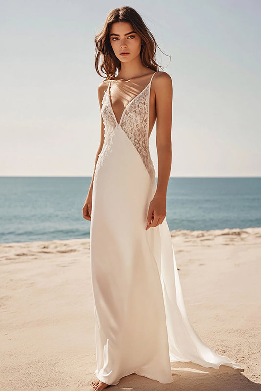 A Line White Spaghetti Straps Formal Dress with Lace Deep V-Neck Wedding Dress