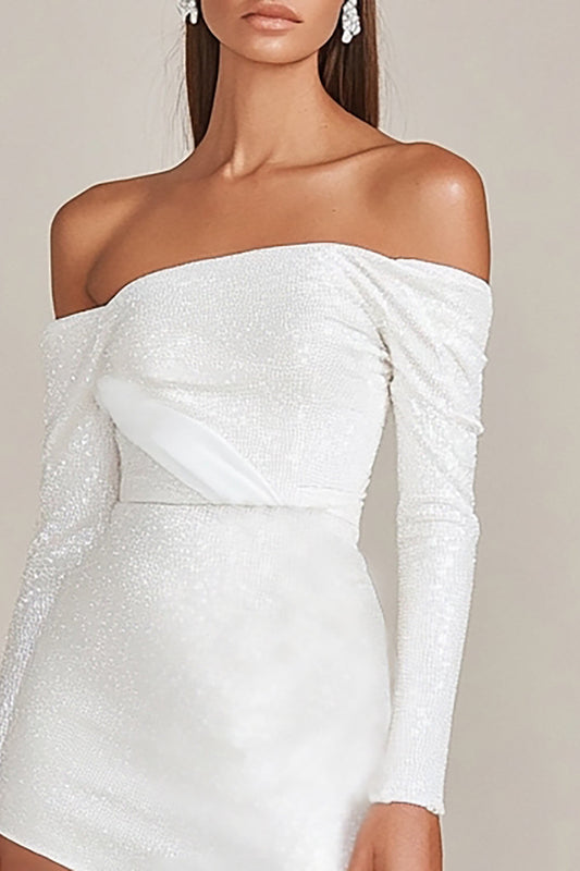 Glitter Off the Shoulder Short Little White Dress with Sleeves