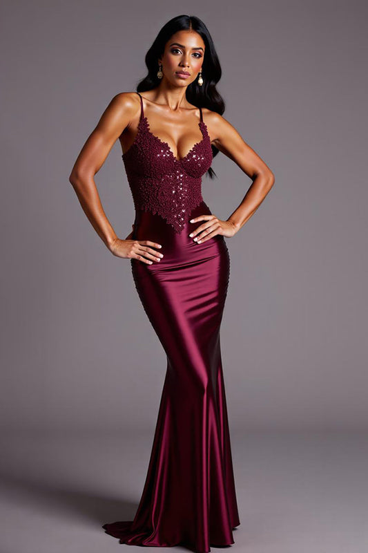 Burgundy Sheath Satin V-Neck Backless Long Formal Dress