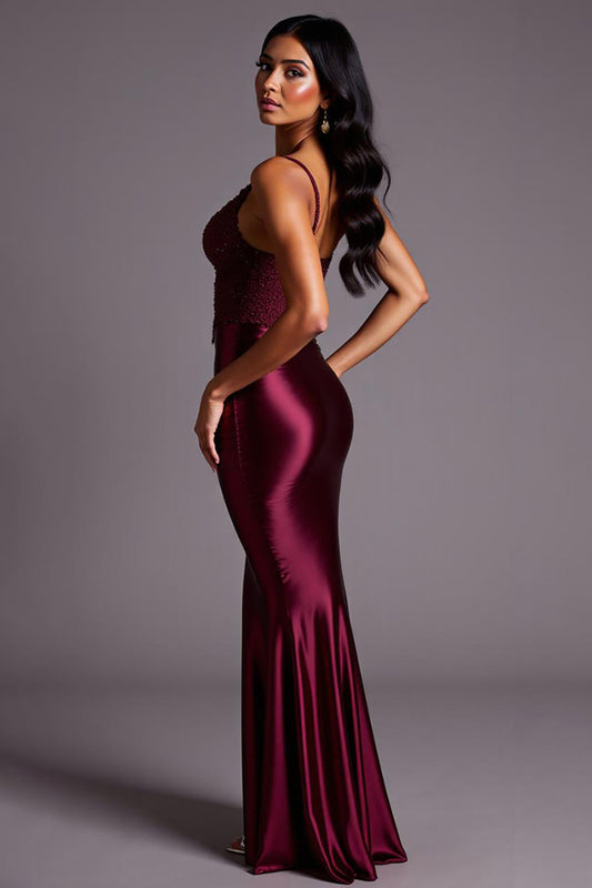 Burgundy Sheath Satin V-Neck Backless Long Formal Dress